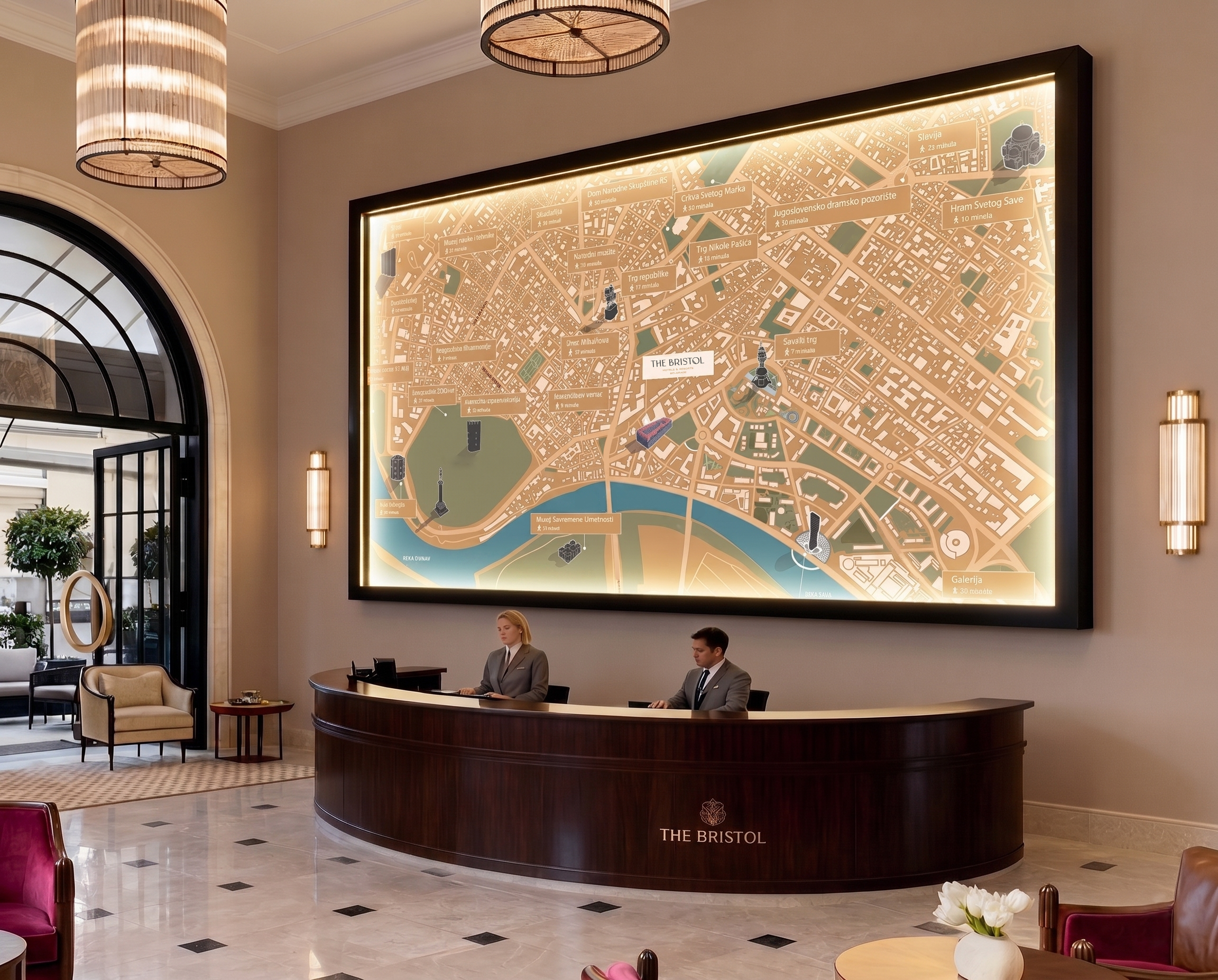 The Bristol illuminated map framed in hotel setting