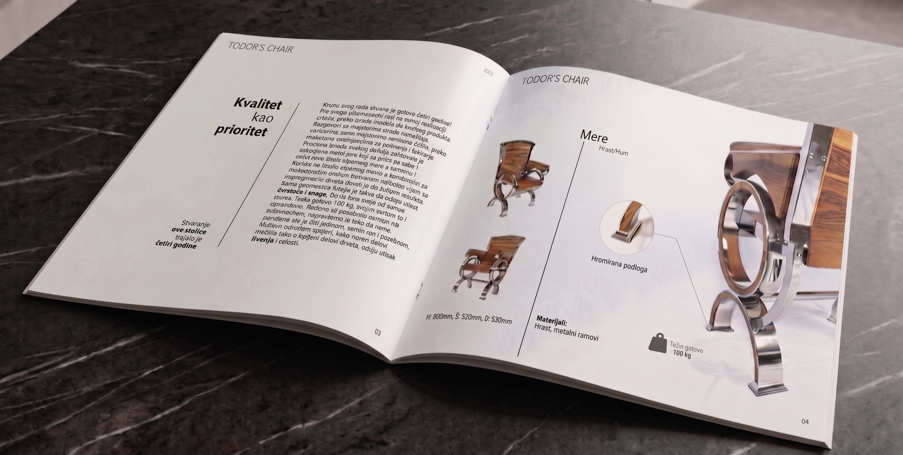 Todor's Chair brochure spread on dark marble