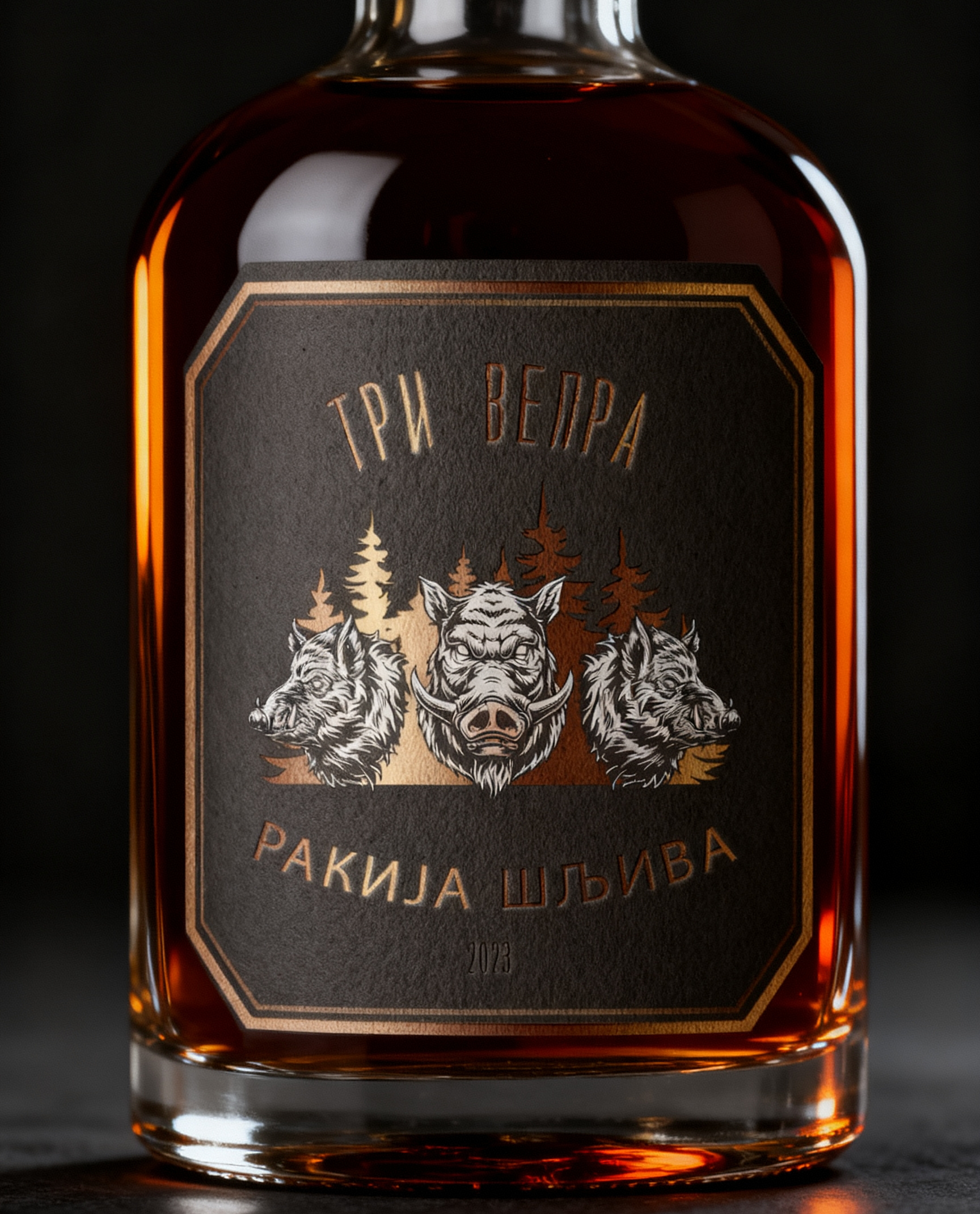 Tri Vepra plum brandy bottle close-up