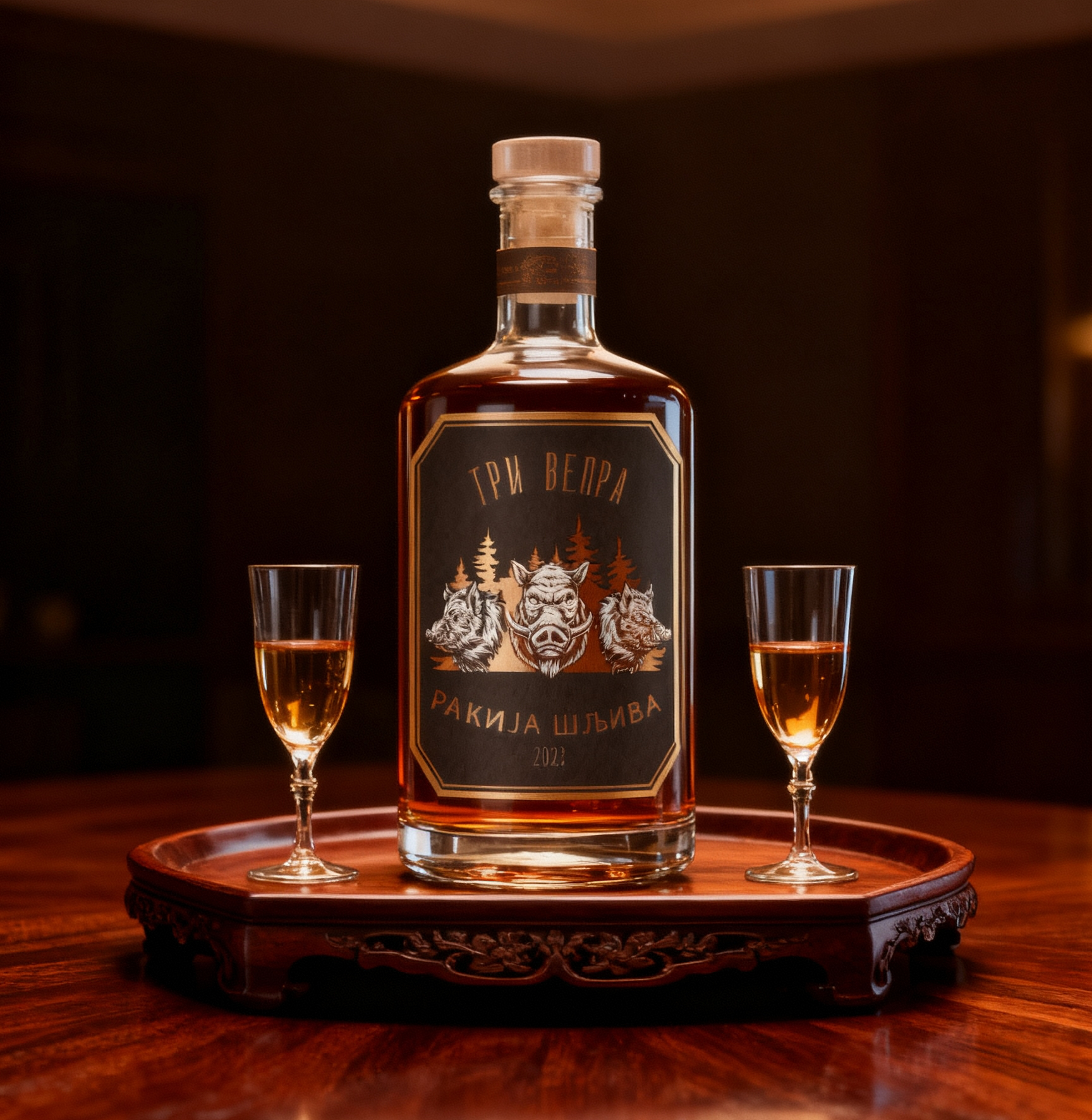Tri Vepra bottle with glasses on a serving tray