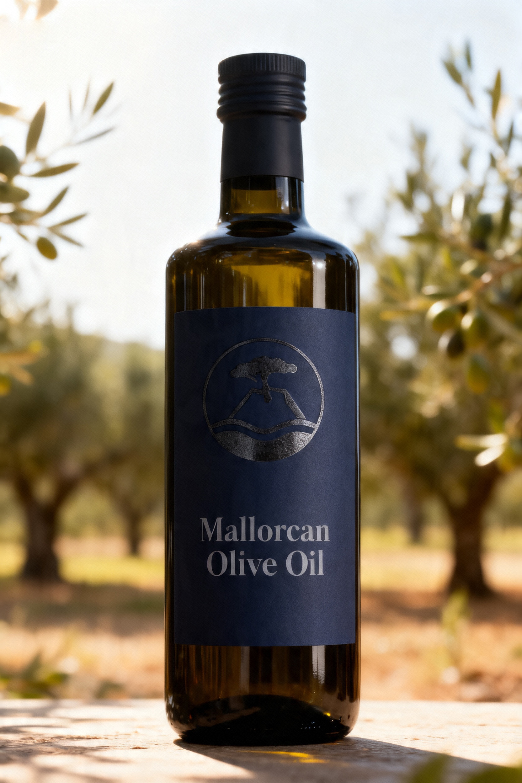 Mallorcan olive oil bottle with Villa Pino label in olive grove