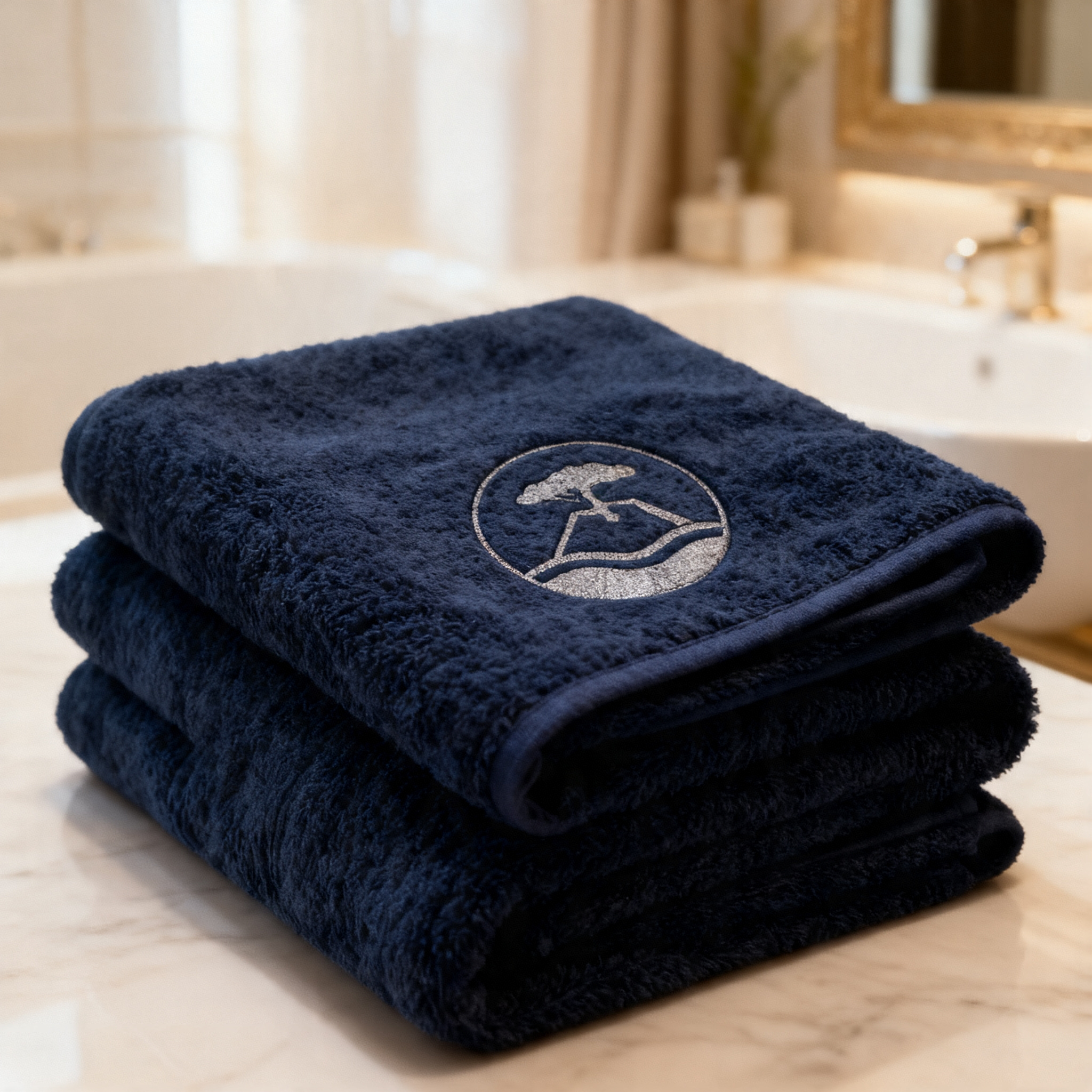 Navy towels with Villa Pino embroidered logo